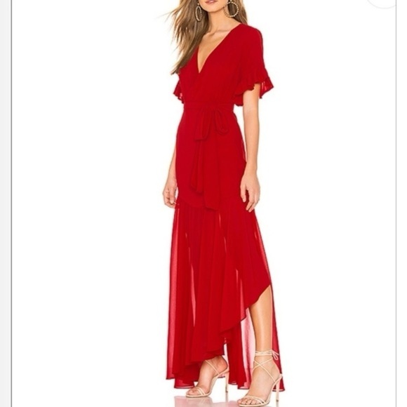Privacy Please X Revolve Red Ruffle Sleeve V-neck Belted Maxi Dress Holiday XS - Picture 1 of 14